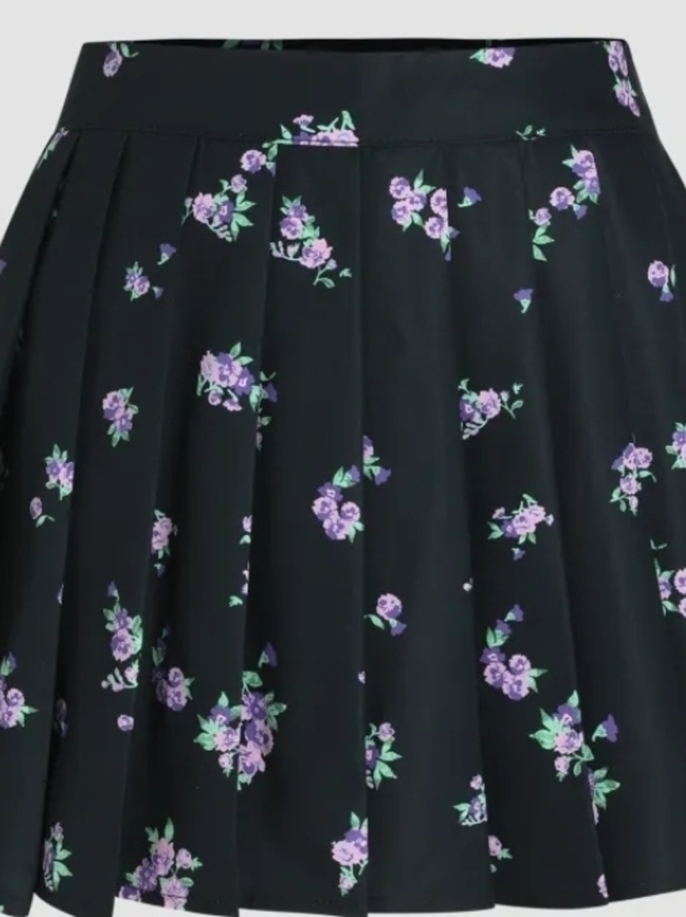 Black Floral Pleated Mini Skirt with Purple Roses